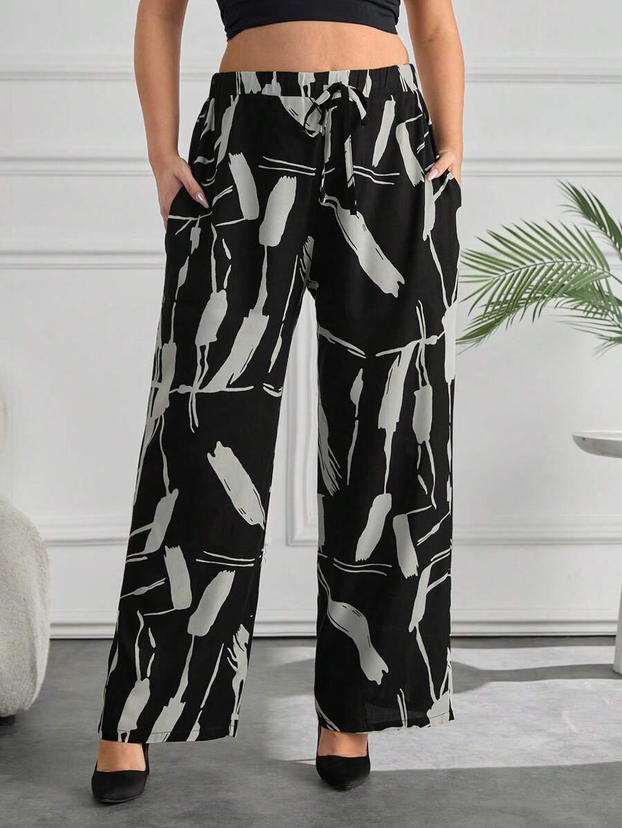 SHEIN Cottnline Plus Women Wide Leg Pants Allover Print With Pocket And Drawstring - Black and White - View 1