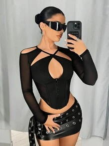 SHEIN ICON Fashionable Sexy Long Sleeve Mesh Panel Cut-Out Cold Shoulder Crop Top Spring Outfits For Women Summer Concert Outfit Women Easter Women St Patrick Day Outfit