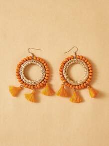 SHEIN VCAY Vacation Boho Creative Orange Tassel Ear Rings, Exaggerated Vintage Handmade Bead Earrings