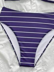 Summer Striped Print Top With Metal Decoration & Striped Briefs