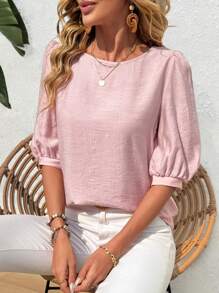 EMERY ROSE Women's Solid Color Round Neck Lantern Sleeve Casual Shirt Summer Shirts Summer Outfits For Women - Pink - View 5