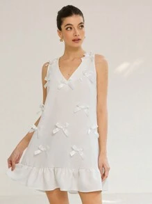 Aveloria Romantic Elegant French Sweetheart V-Neck Sleeveless Mini Dress With Bow Applique Ruffle Hem Patchwork All Over Print  For Summer - White - View 3