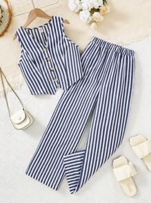SHEIN Tween Girls 2 件套：条纹撞色背心和阔腿裤，休闲度假风格 - 藍色 - 查看 5