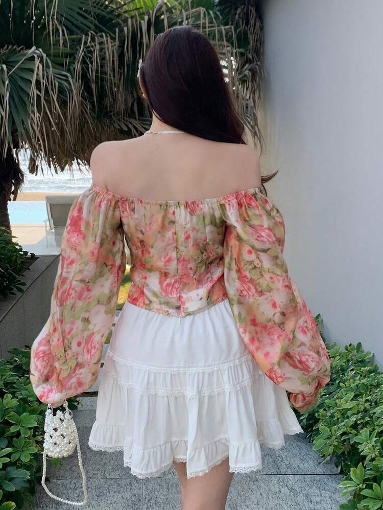 1pc Women's Floral Print Long Lantern Sleeve Off Shoulder Blouse, Vacation Summer Shirt Long Sleeve Top Boho