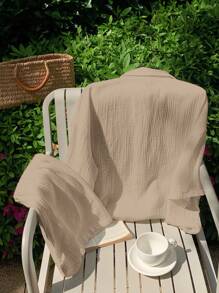 SHEIN EZwear 卡其色编织女士休闲落肩袖衬衫和短裤套装 - 卡其色 - 查看 3