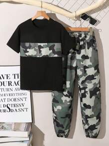 SHEIN 2pcs/Set Boys' Casual Minimalist Letter Print T-Shirt And Sports Shorts, Suitable For Spring/Summer Everyday Wear And Workout Outfits