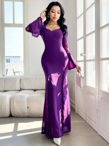 Modelyn Vestido lila de mujer elegante con mangas acampanadas y volantes en el bajo