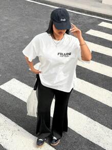 SHEIN EZwear 2pcs/Set Women Plus Size White Round Neck T-Shirt And Letter Print Pants Set,Spring Summer Clothes - Black - View 4