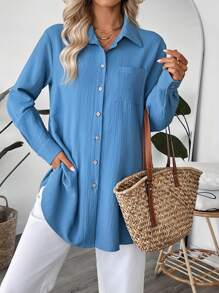 EMERY ROSE Women's Plain Color Long Sleeve Single Breasted Pocket Casual Shirt