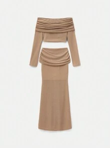 Maija Spring And Summer New Style Khaki Glitter Knitted One-Shoulder Top Waisted Sexy Skirt Women's Two-Piece Set Urban Modern Elegant Sleeveless Daily Casual Commuting Suitable For Going Out On Holiday, Holiday Party, Wedding Date Wear - Brown - View 6