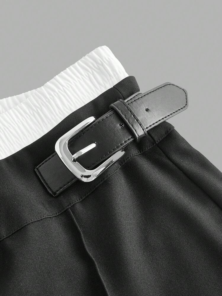 SHEIN Maija Spring And Summer New Style Black 2 In 1 Spliced ​​Waist PU Belt Decoration Women's Shorts Urban Modern Elegant Sleeveless Daily Casual Commuting Suitable For Going Out For Vacations, Holiday Parties, Weddings And Dates.