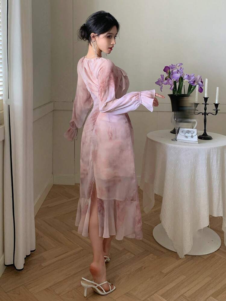 Floral Mesh Spaghetti Strap Ruffle Slit Midi Dress For Women Prom Dress,Fall Dress Long Sleeve Dress Elegant Women Dresses