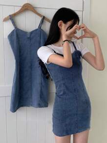 DAZY Women's Stretchy Denim Mini Wrap Dress, Spring/Summer Sundress - Dark Wash - View 3