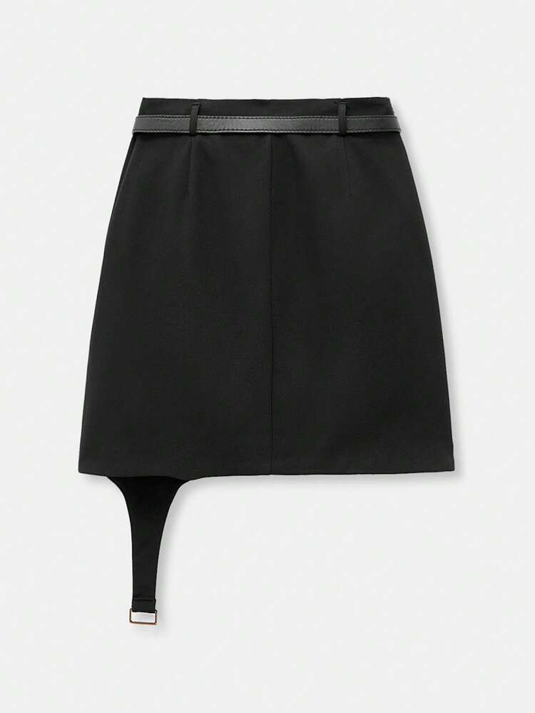 SHEIN Maija 2025 Summer New Arrival Women's Business Casual Skirt, Black Asymmetric Hem Design With Adjustable PU Leather Belt, Metal Buckle Detail, Straight Silhouette, Vintage Style, Versatile For Casual Events, St. Patrick's Day, Spring Festival Concert