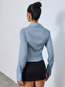 Roylia Fashionable Striped Fabric, Deep V Waist Cut, Casual Versatile Shirt Fall Cloth For Women - Blue and White - View 2