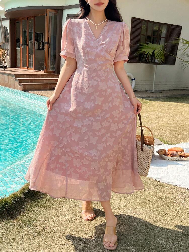 Women's V-Neck Short Sleeve Elegant Textured Mid-Length Dress Summer Floral SunDress