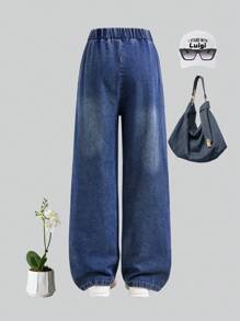 SHEIN Tween Boy Letter Print Cargo Pocket Wide Leg Jeans Cute Baggy Jeans Blue Jeans Baggy Baggy Jeans Girl Baggy Jeans With Design Cheap Baggy Jeans - Blue - View 2