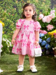 Fern Glow 女婴休闲可爱粉色蝴蝶结夏季连衣裙