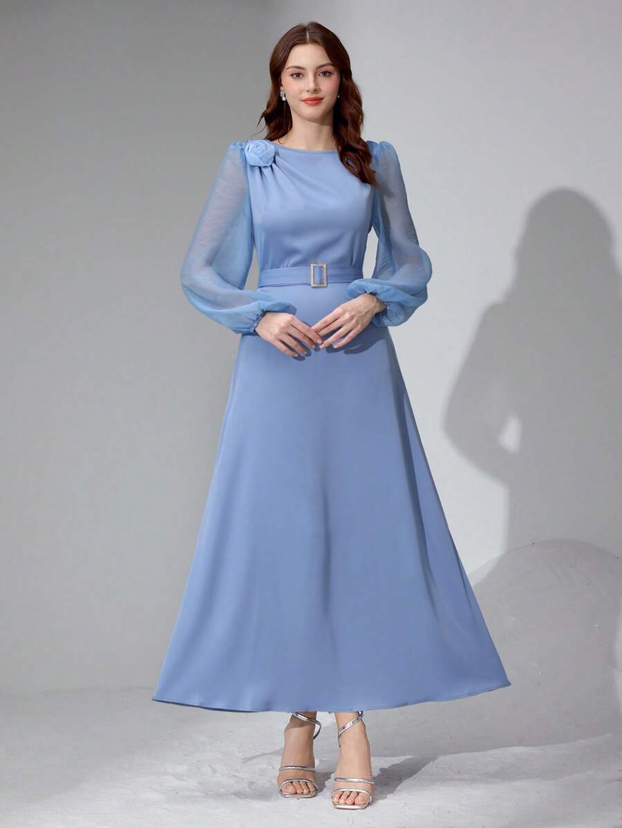 Modelyn 法式优雅花朵灯笼袖连衣裙 - 淺藍色 - 查看 1