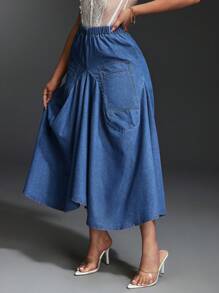 SHEIN BAE Women's Elastic Waist Long Casual Denim A-Line Skirt - Blue - View 4