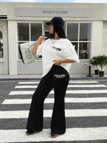 SHEIN EZwear 2pcs/Set Women Plus Size White Round Neck T-Shirt And Letter Print Pants Set,Spring Summer Clothes - Black - View 5