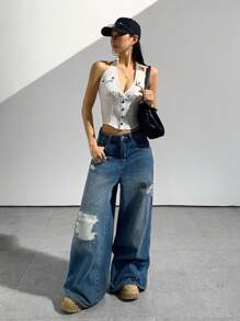 SHEIN Unity Chemise sans manches blanche à boutons pour femme, style de rue - Blanc - Voir 2