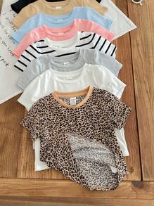 SHEIN 8pcs Babygirl Summer Versatile Knitted Leopard, Stripe & Solid Color Short Sleeve Tops - Multicolor - View 6
