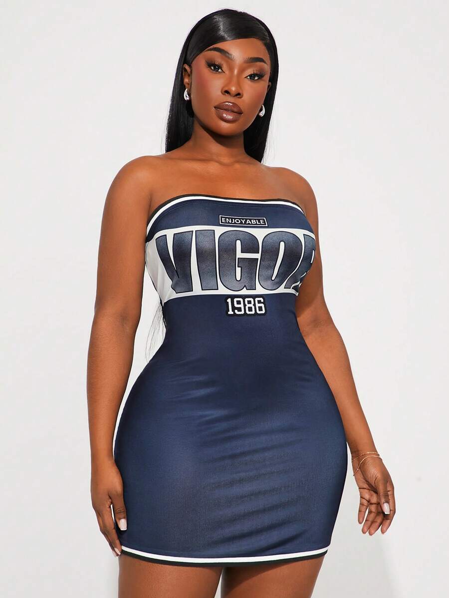 SHEIN SXY Plus Size Women's Spring/Summer Ribbed Splice Printed Form-Fitting Elegant Mini Tube Dress, Suitable For Everyday Wear, Western Wear,Cruise Attire,Music Festival,Concert,Carnival Party,Beach Vacation,Date Night,Birthday,Bachelorette Party Outfit,Club,Cute,Casual,Ibiza,Nashville,Rave,Modest,Chic,Shopping, Streetwear,Going Out,Easy To Match&Looks Slim,Accent Your Body,Flatter The Figure