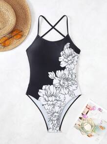 SHEIN Swim Traje de baño de una pieza con estampado, escote halter y espalda descubierta para mujer, conjunto de atuendos bohemios para playa y festival de verano - Blanco y Negro - Ver 3