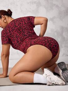 SHEIN Sports 大码女式豹纹短袖连体裤运动服