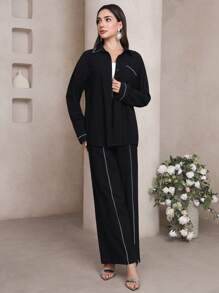 Mulvari 女式休闲撞色镶边衬衫和裤子两件套 - 黑色 - 查看 4