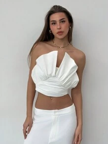 Aloruh Blusa Branca Sólida Minimalista com Silhueta Evasê Plissada e Elegante - Branco - Visão 6