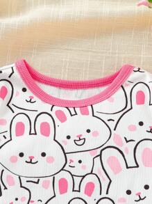 Baby Girls 2pcs Rose Red Cute Rabbit Short Sleeve Leggings Set, Snug Fit Pajamas - Hot Pink - View 6