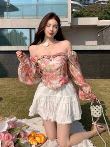 DAZY 1件女款花卉印花露肩長燈籠袖上衣，度假夏季長袖襯衫，波希米亞風外出上衣 - 粉色 - 查看 5