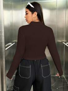 SHEIN EZwear Plus Size Women Solid Color Turndown Collar Long Sleeve Casual T-Shirt