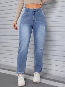 SHEIN Tall Jeans de tiro alto estilo novio desgastados para mujer, ajuste holgado y lavado vintage Y2K