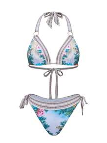 Swim Chiccia Women 2 Pieces Vintage Graphic Print Triangle Halter Bralette Top And Side Tie Bottoms Bikini Swimwear Sets, Beach Outfits For Summer