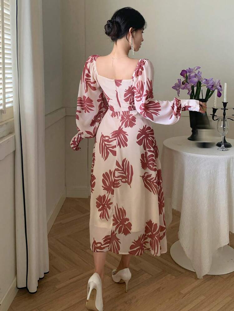 Women's Elegant Plant Print Lantern Sleeve Midi Dress,Ruffle,Fall Dress Long Sleeve Dress Floral Dresses For Women
