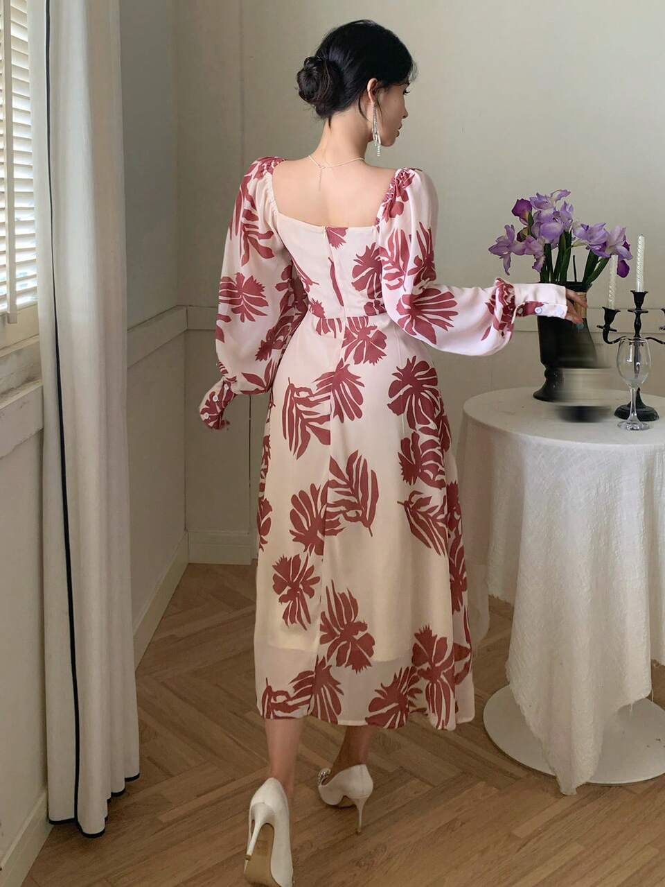 Women's Elegant Plant Print Lantern Sleeve Midi Dress,Ruffle,Fall Dress Long Sleeve Dress Floral Dresses For Women