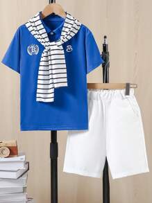 SHEIN 青少年男孩休闲短袖 Polo 衫和短裤两件套，时尚百搭，适合夏季 - 寶藍色 - 查看 1