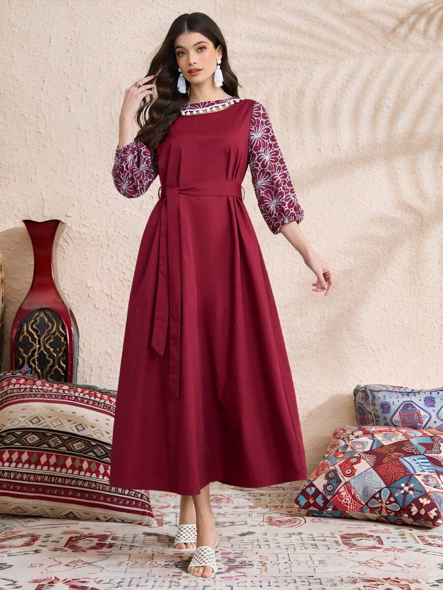 Al Najma Robe abaya pour femmes avec broderie florale modeste, robes longues modestes - Rouge - Voir 1