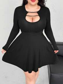 Vibekara Black Ribbed U-Neck Cutout A-Line Long Sleeve Mini Dress - Black - View 3