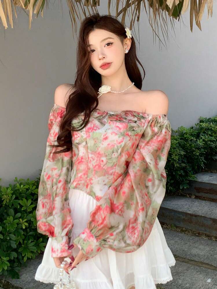 1pc Women's Floral Print Long Lantern Sleeve Off Shoulder Blouse, Vacation Summer Shirt Long Sleeve Top Boho