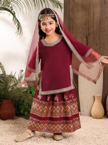 2pcs Young Girl Solid Color Patchwork Round Neck Long Sleeve Top And Skirt Set - Multicolor - View 5