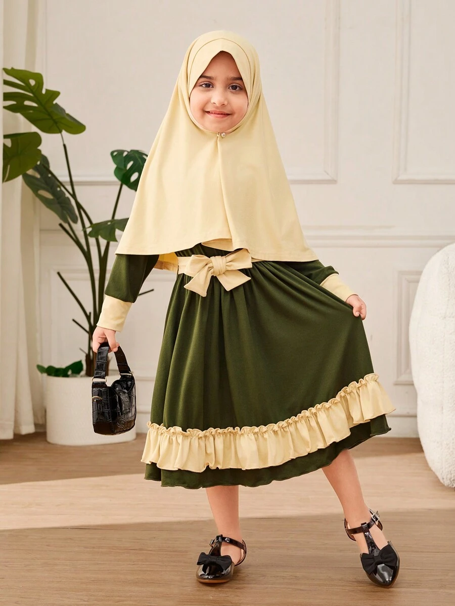 SHEIN 年轻女孩拼色荷叶边下摆连衣裙 - 彩色 - 查看 1