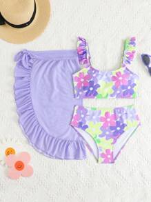 Conjunto de traje de baño para niñas preadolescentes con bikini con estampado floral, bata y minifalda