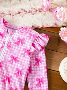 SHEIN Young Girls Sweet Bow Printed Ruffled One-Piece Swimsuit, Pink Striped, Perfect For Summer Beach Vacations - Multicolor - View 6