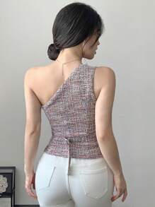 DAZY Plaid Asymmetrical Shoulder Front Button Women Top Summer,Crop Tops Women Going Out Tops - Black and White - View 5