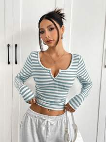 SHEIN EZwear 女士新款棉混纺蓝白条纹半拉链 T 恤 - 藍白色 - 查看 4