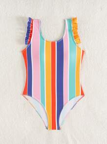 SHEIN Tween Girl Fitted Casual Minimalist Comfortable Round Neck Cap Sleeve Striped One-Piece Swimsuit - Multicolor - View 5